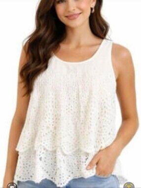 CAbi Frolic  White Eyelet Scalloped-Hem Sleeveless Blouse